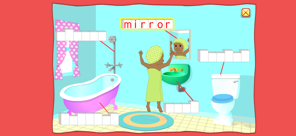 A child character in a bathroom learning to label objects like a mirror in the Starfall All About Me app.