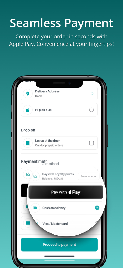EAT Now mobile app checkout screen featuring Apple Pay and loyalty point payment options