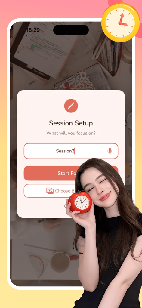 Pomie - Tela de configuração de sessão do temporizador Pomodoro Pomie mostrando uma interface minimalista e uma mulher segurando um relógio de tomate