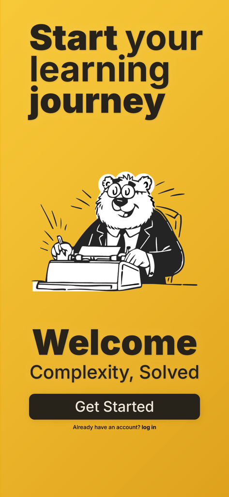 Gurwi app welcome screen with a cartoon bear using a typewriter and the text Start your learning journey.