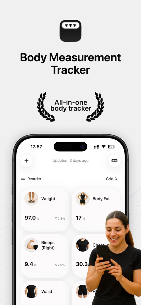The main dashboard of the Body Measurement Tracker app showing metrics for weight body fat and biceps measurements alongside a happy user