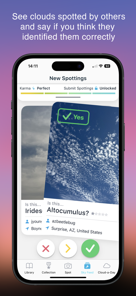 CloudSpotter app interface showing community members verifying cloud spottings with images and locations