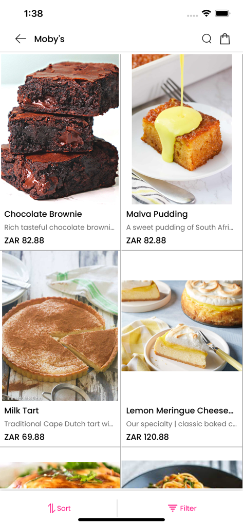 Plett Deliveries - Mobile interface of the Plett Deliveries app showing a variety of local desserts from a restaurant menu