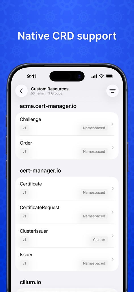 Nautik for Kubernetes - Interfaz de la aplicación Nautik que muestra soporte nativo para recursos personalizados de Kubernetes en un iPhone