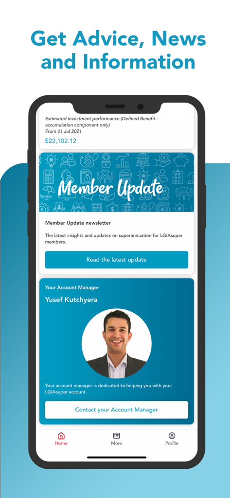 Brighter Super - Brighter Super app screen displaying investment performance news updates and account manager contact details