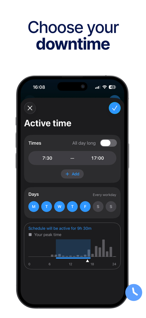AppBlock interface showing the active time feature to schedule app blocking during work hours and specific days.