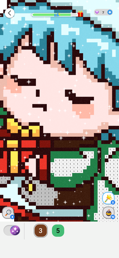 Interfaz de colorear pixel art que muestra un personaje de anime con pelo azul siendo coloreado por números.