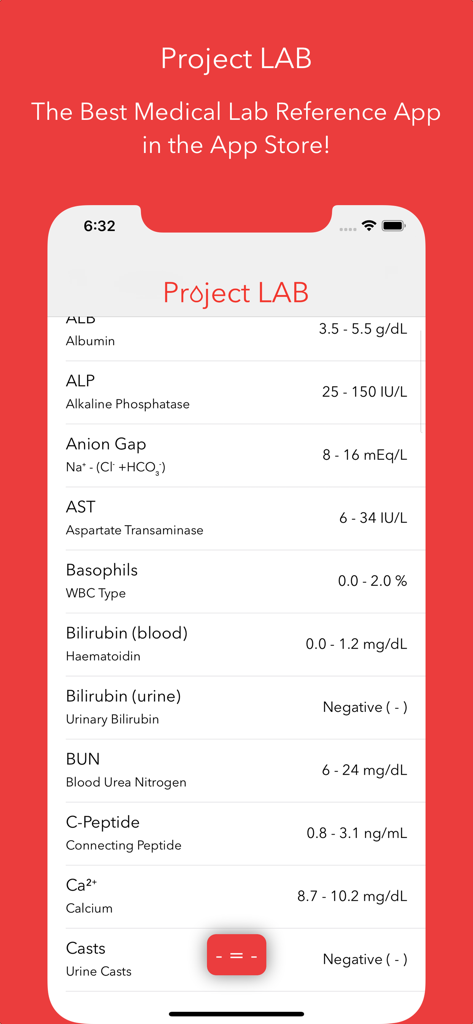 Project LAB - Screenshot of Project LAB app displaying a list of medical laboratory tests with their corresponding reference ranges