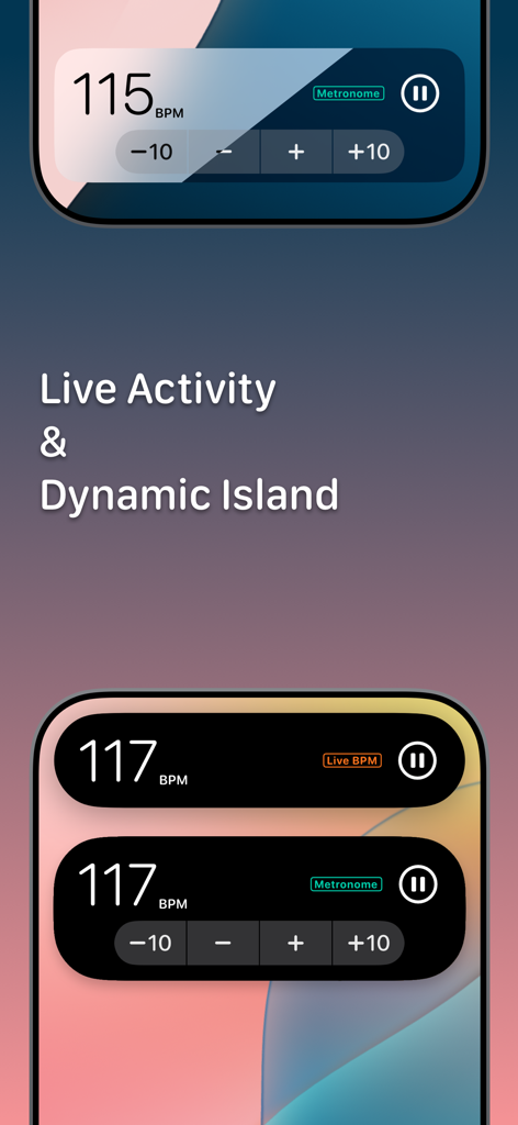 MetroBPM app interface for Live Activity and Dynamic Island showing real time BPM and metronome controls