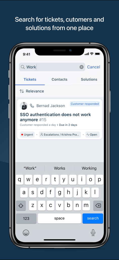 Mobile Ansicht der Freshdesk-App, die die Suchfunktion für Support-Tickets und Kontakte zeigt