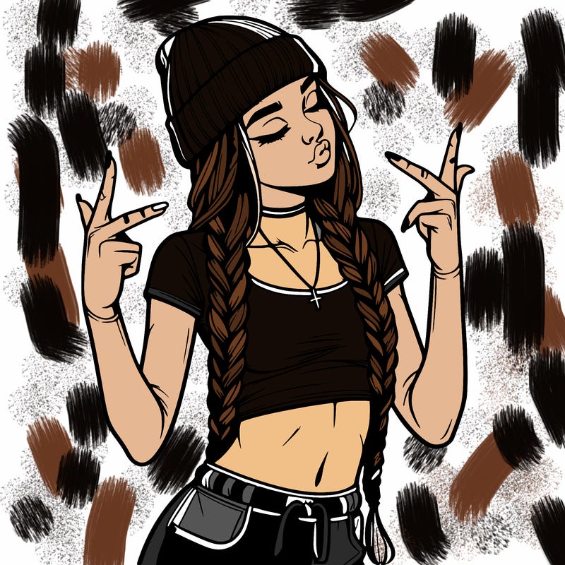realistic teenage girl with braids and a beanie and crop top doing 🫶🏼
