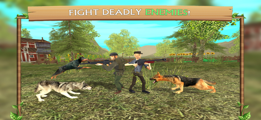 Dog Sim Online: Build A Family - Dogs attacking armed enemies in a 3D simulation game field