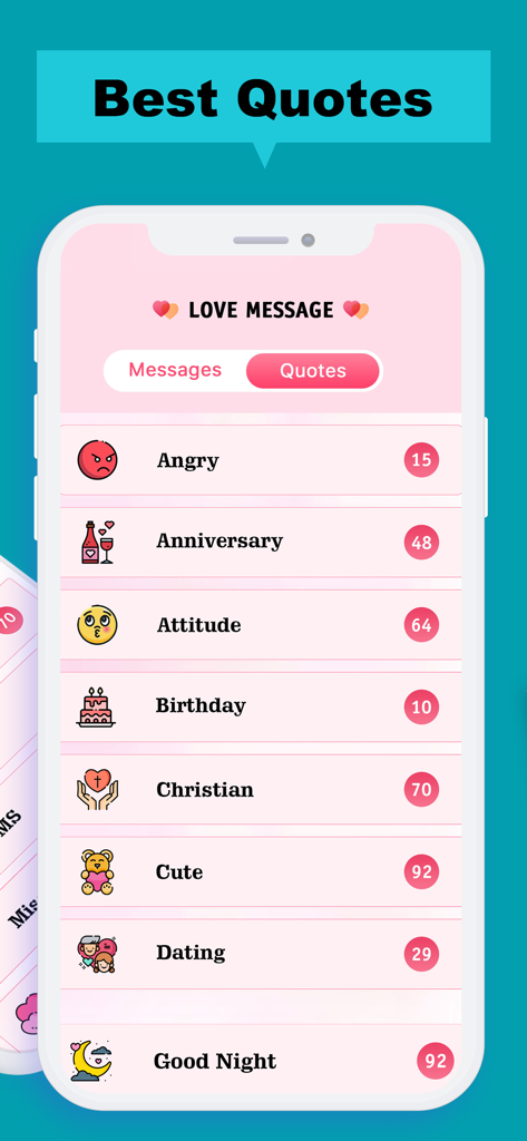 Love Messages and Quotes - A mobile app interface displaying a list of romantic message categories including Anniversary, Birthday, and Good Night.