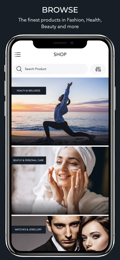 Smazing Marketplace - Smazing Marketplace app browse screen featuring health, beauty, and jewelry categories