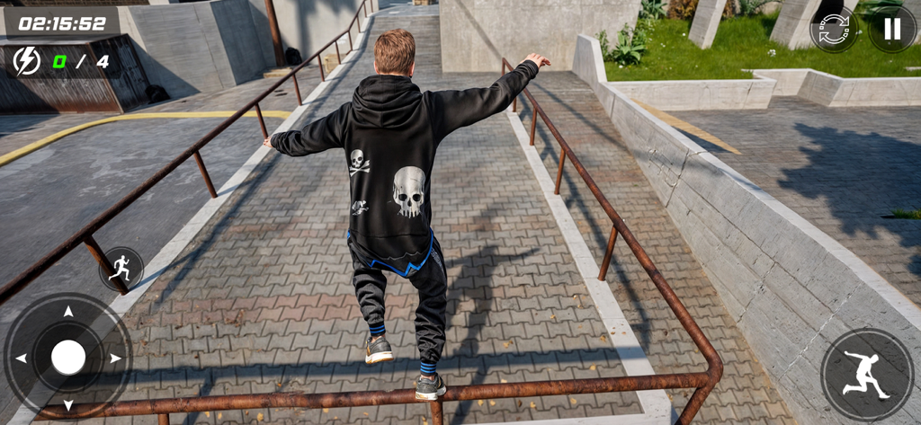 Going Up Rooftop Parkour Games - A character in a skull hoodie balancing on a railing in a rooftop parkour game.