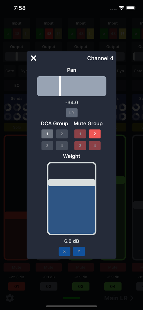 X Air Controller app interface showing channel settings for pan and mute groups