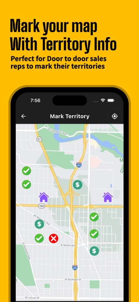 D2D CRM: Door to Door Sales - Screenshot of D2D CRM app showing territory mapping with custom status pins for door to door sales