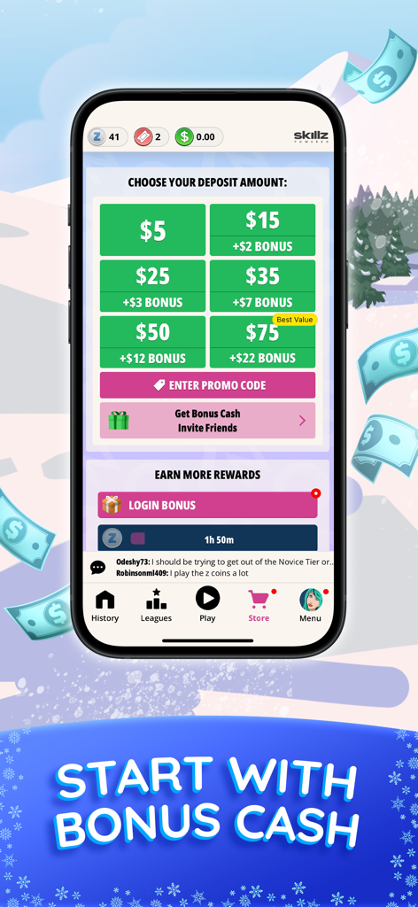 Blackout Bingo app store interface displaying various cash deposit amounts and corresponding bonus rewards.