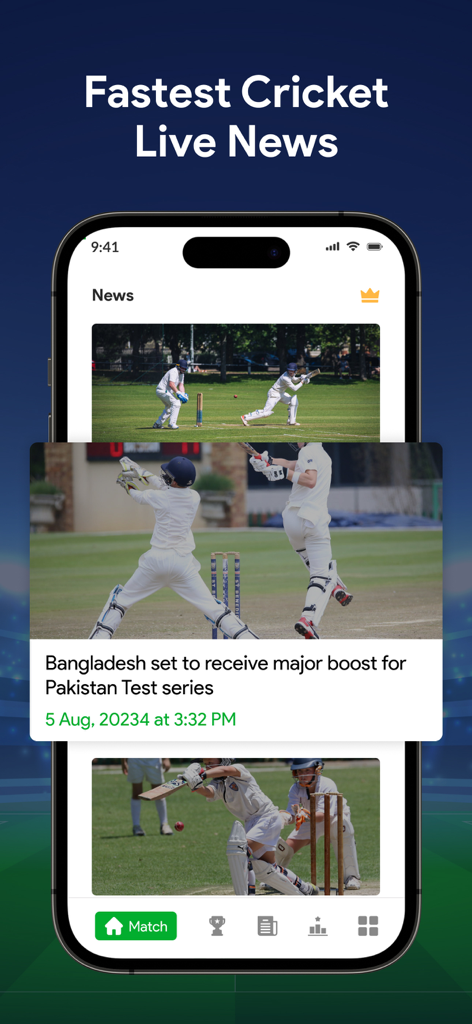 Live Cricket Score : Live Line - Screenshot of the Live Cricket Score app showing the latest cricket news articles on an iPhone