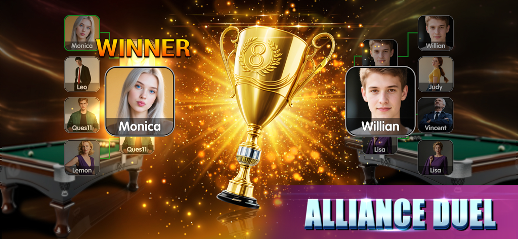8 Ball Battle - Pool Games - Schermata del vincitore del torneo Alliance Duel con un trofeo d'oro e le classifiche dei giocatori
