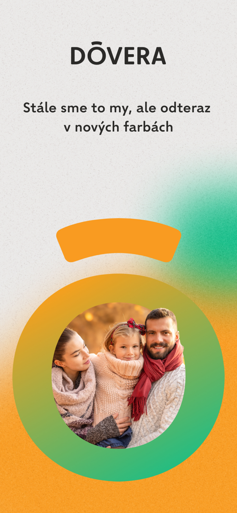 Dôvera - Pantalla de inicio de la aplicación móvil Dôvera con un retrato familiar feliz dentro de un marco circular colorido.