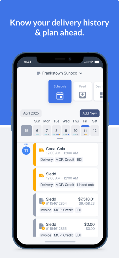 Retail360® - Retail360 mobile app interface displaying a delivery schedule and invoice history for retail inventory management