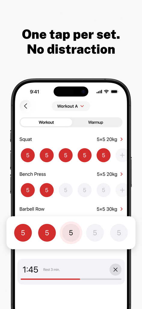 Pantalla de seguimiento de entrenamiento de Stronglifts 5x5 con registro simple de series y temporizador de descanso