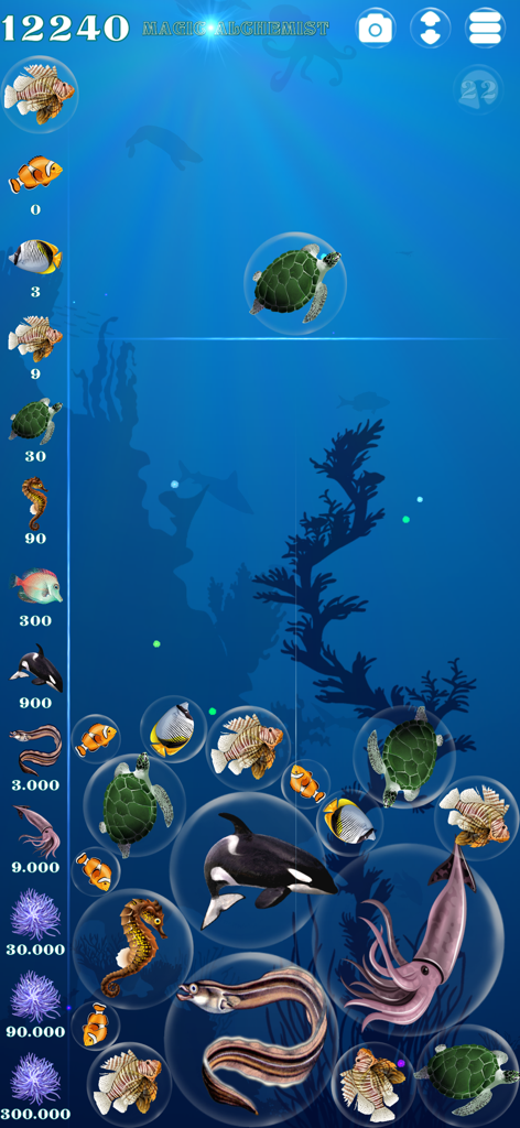 Captura de pantalla de la jugabilidad de Magic Alchemist Under the Sea que muestra criaturas marinas como tortugas y orcas en burbujas.