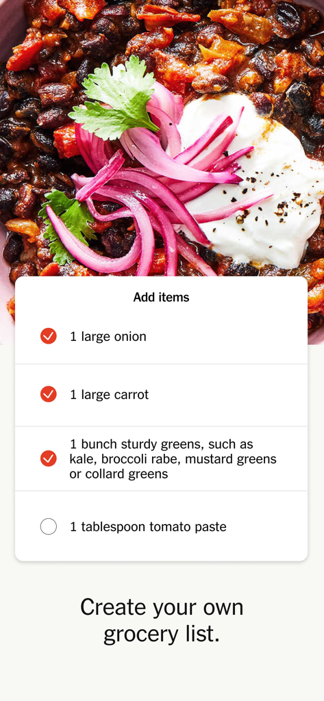 NYT Cooking: Quick Tasty Meals - NYT Cooking app interface showing a digital grocery list with ingredients and checkboxes over a food photo.