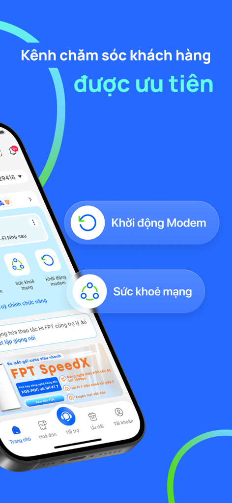 Hi FPT app interface showing remote modem restart and network health monitoring tools