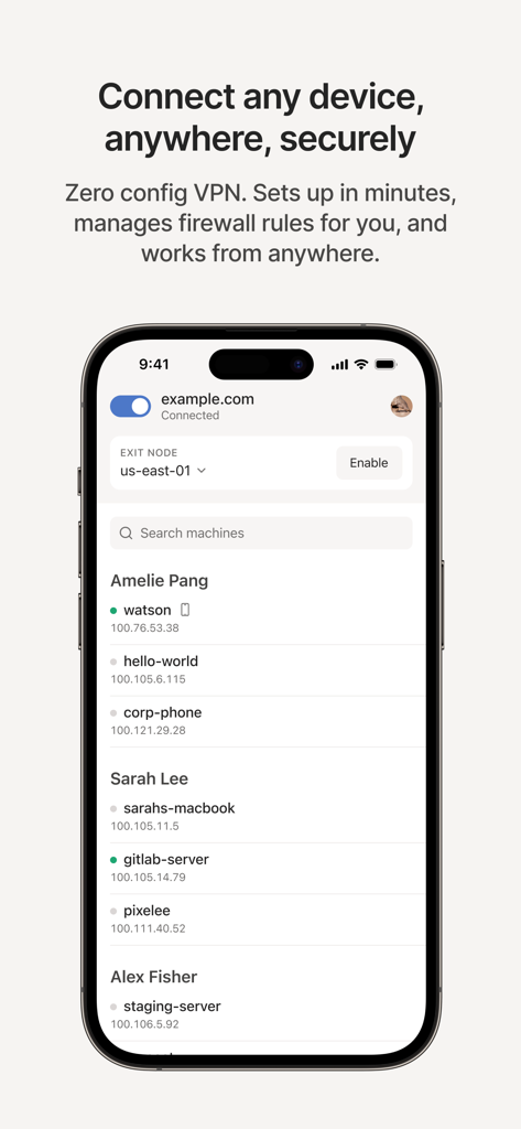 Tailscale iPhone app interface showing a list of connected devices in a secure network