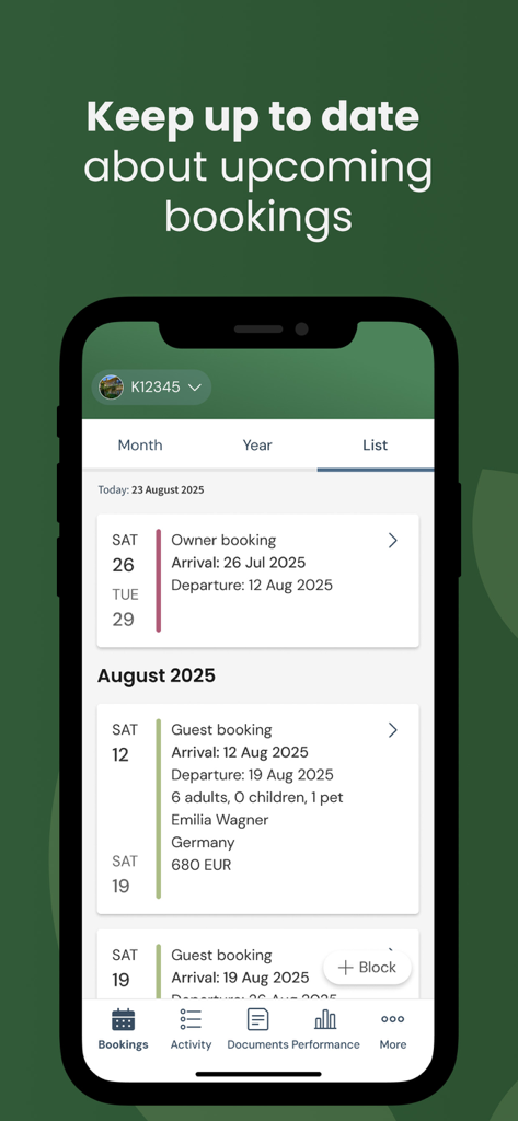 Smartphone screen displaying the Awaze Owner App booking list with guest and owner reservation details