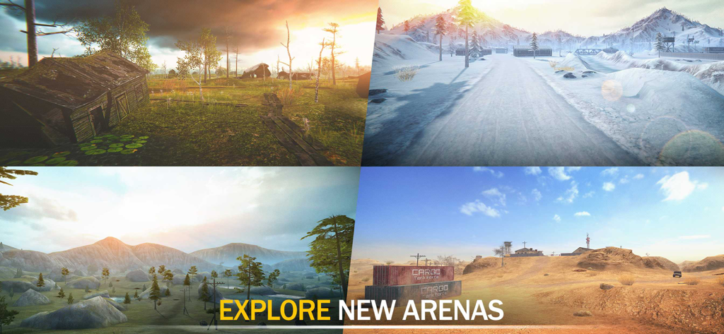 Un collage que muestra cuatro entornos de batalla 3D diferentes en Tank Force, incluyendo paisajes nevados, desérticos y forestales, con el texto 'Explora Nuevas Arenas'.