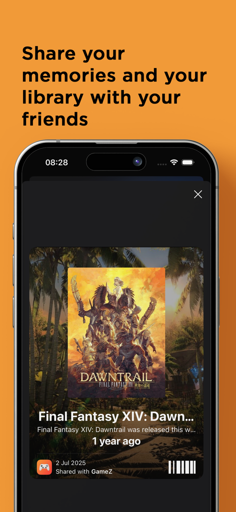 GameZ Collection - Smartphone-Bildschirm, der eine geteilte Spielererinnerung für Final Fantasy XIV in der GameZ Collection App anzeigt