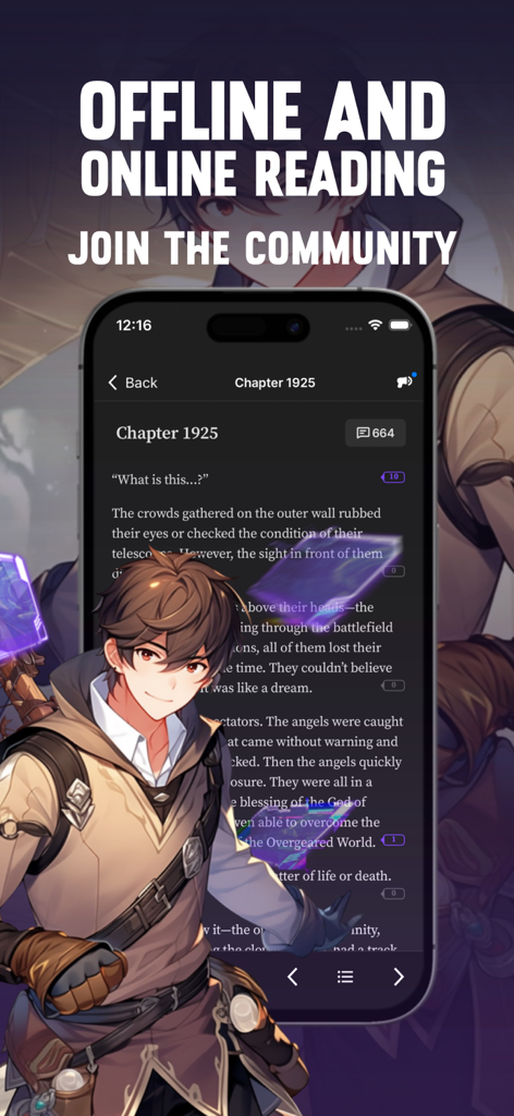 Wuxiaworld-Mobile-App, die einen Kapitel-Lese-Bildschirm mit einer Anime-Charakter-Illustration und Community-Funktionen zeigt.