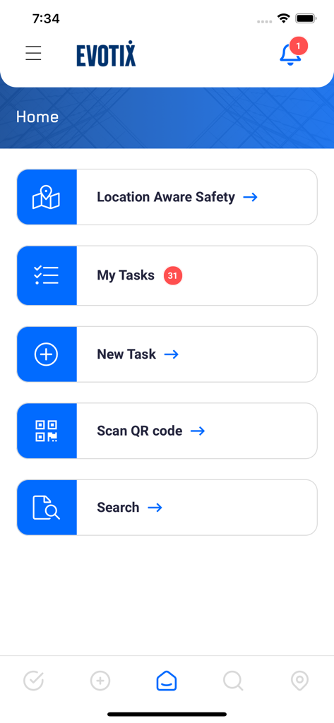 Écran d'accueil de l'application mobile Evotix Roam avec gestion des tâches de sécurité et menu de navigation.