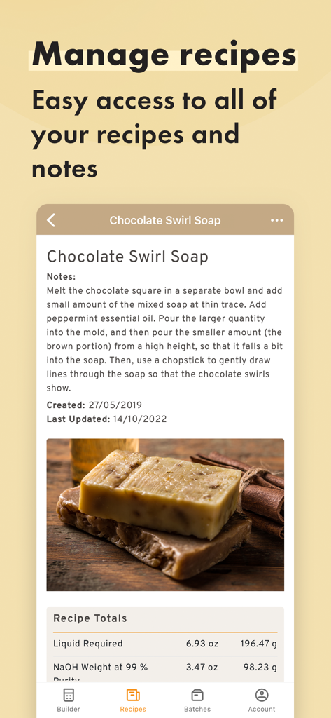 Soapmaking Friend – Soap Calc - Interface of the Soapmaking Friend app displaying a chocolate swirl soap recipe with detailed notes and ingredient calculations