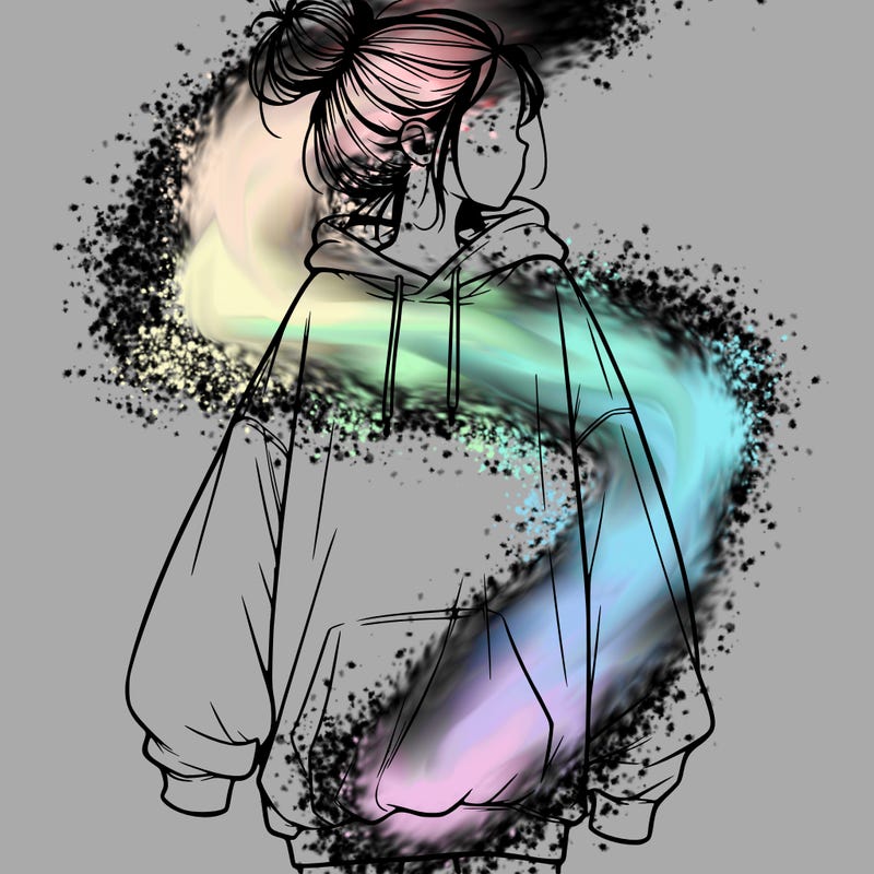 realistic girl with a oversized sweatshirt on and a bun
