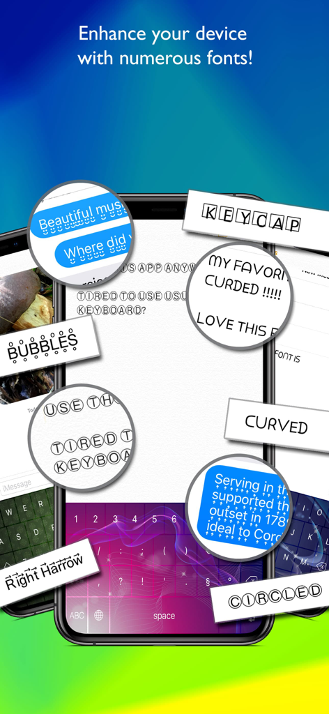 Aplicación Cool Font Keyboard que muestra varios estilos de fuente y un colorido teclado personalizado