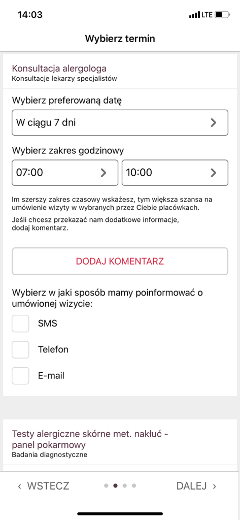 SALTUS Zdrowie app screen for choosing a preferred date and time for a medical appointment