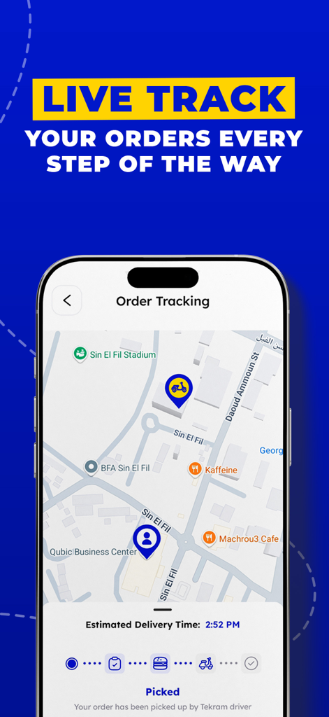 Tekram Delivery - Real time order tracking map on the Tekram Delivery app showing delivery progress