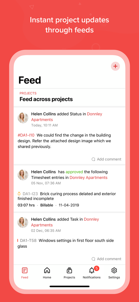 Zoho Projects Work Management - Activity feed in the Zoho Projects mobile app showing project status updates, approved timesheets, and task assignments.