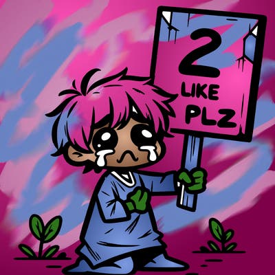 small poor toddler crying with sign that says 2 like plz