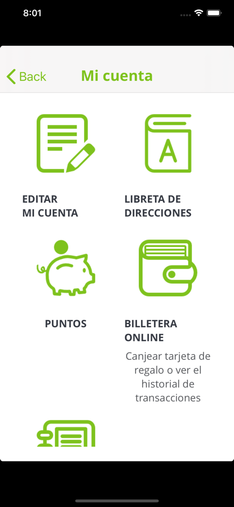 Librería Jardín - User account interface of the Libreria Jardin app showing menu options for profile editing, address book, loyalty points, and digital wallet.