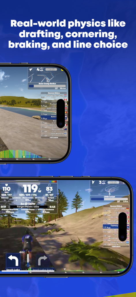 TrainingPeaks Virtual Cycling - Interface de l'application TrainingPeaks Virtual Cycling montrant une physique réaliste, y compris le drafting et les virages, avec des métriques de performance en temps réel