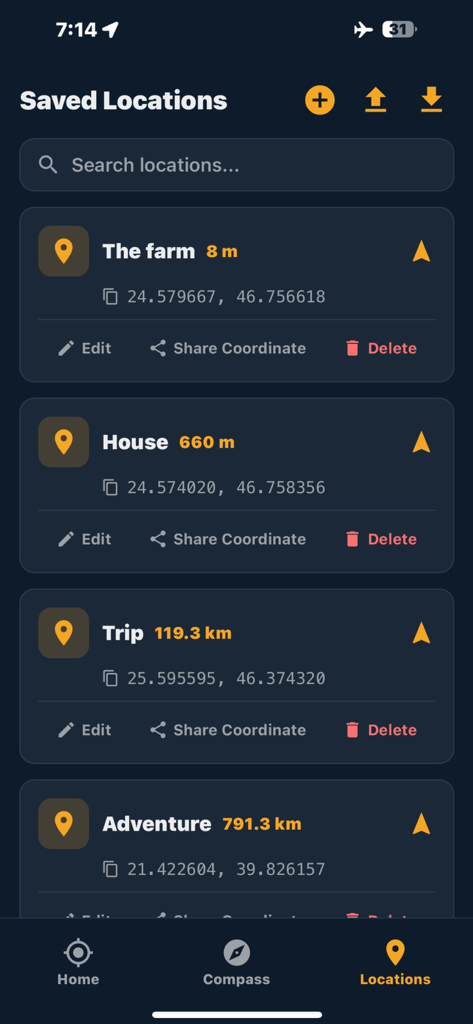 Arrow GPS Offline - List of saved locations in the Arrow GPS Offline navigation app showing names, distances, and coordinates