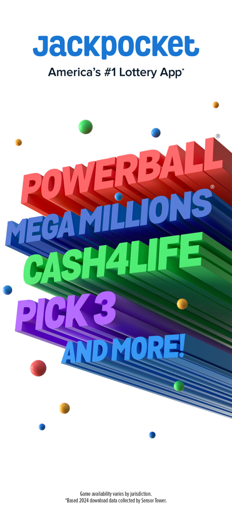 Jackpocket app promotional graphic listing lottery games including Powerball Mega Millions Cash4Life and Pick 3