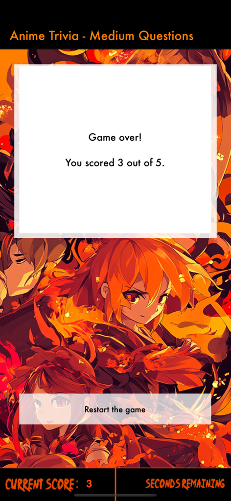 Anime Trivia Pro (Inc. Manga) - Game over screen in the Anime Trivia Pro app showing a score of 3 out of 5.