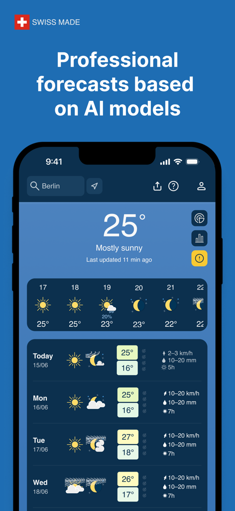meteoblue weather & maps - Meteoblue-App zeigt eine professionelle Wettervorhersage für Berlin basierend auf KI-Modellen