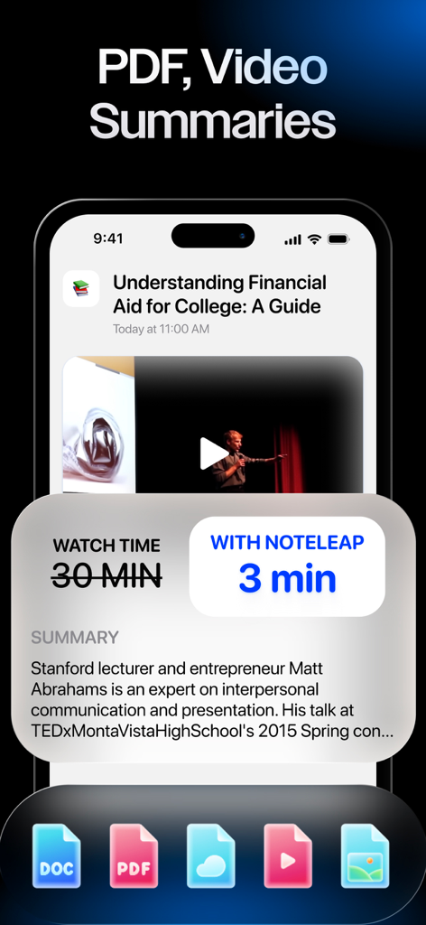Interfaz de la aplicación Noteleap AI que muestra un video de 30 minutos resumido en un resumen de texto de 3 minutos.